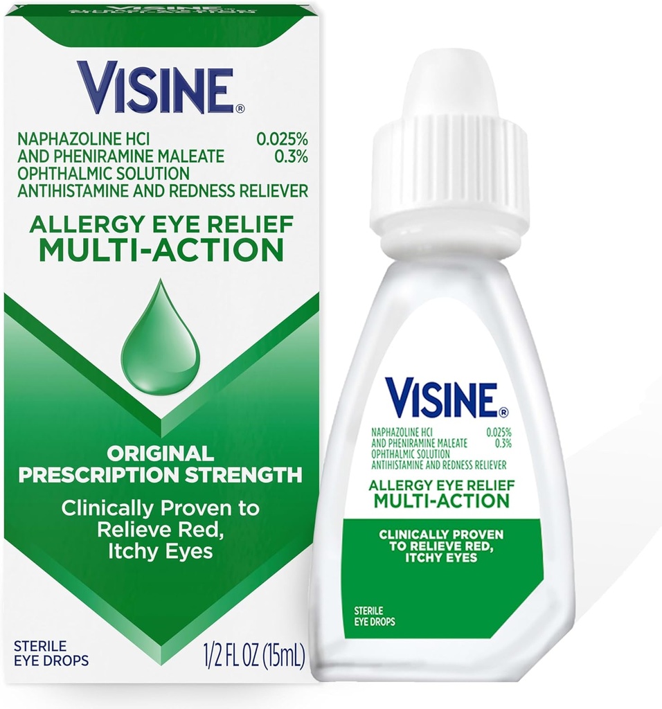 Visine Alergy Eye Relief Multi-Action Antihistamine & Redness Reliever Eye Drops with Pheniramine Maleate & Naphazoline HCl, Allergy Eye Drop Treatment for Red, Itchy Eyes, 0.5 fl. oz