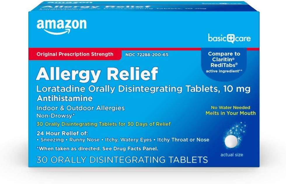 Cuidado básico Loratadina Disintegración oral Tabletas, 10 mg, Antihistamínico, Medicina de alergia, 24 horas de alivio, 30 cuenta