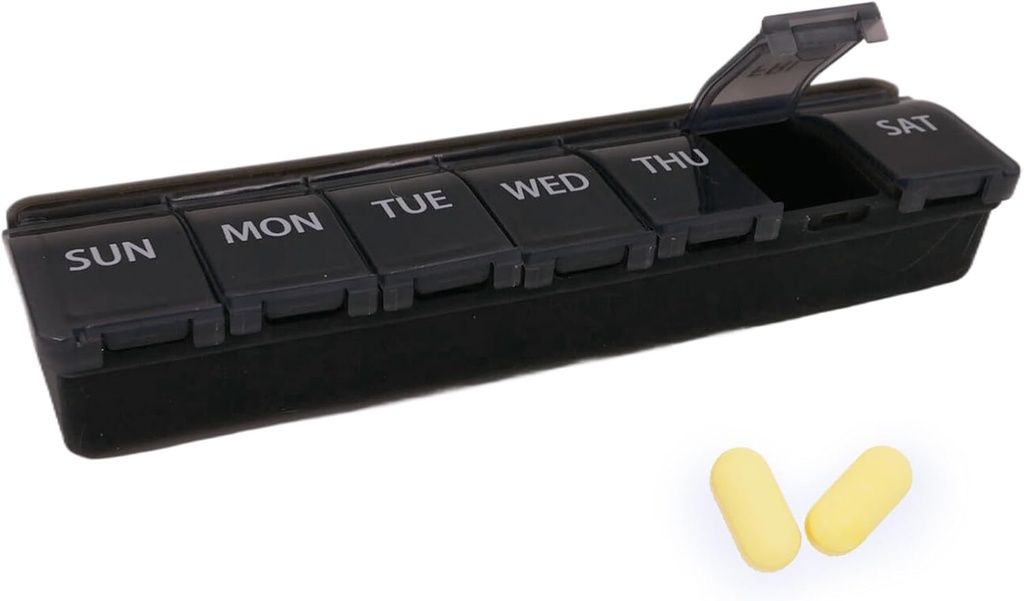 Silicone Weekly Pill Organizer, 7 Day Pill Box Medicine Box Dail Arthritis-Friendly, Large Medicine Case Compact Travel Pill Container for Pill,Vitamin & Fish Oil (Black)