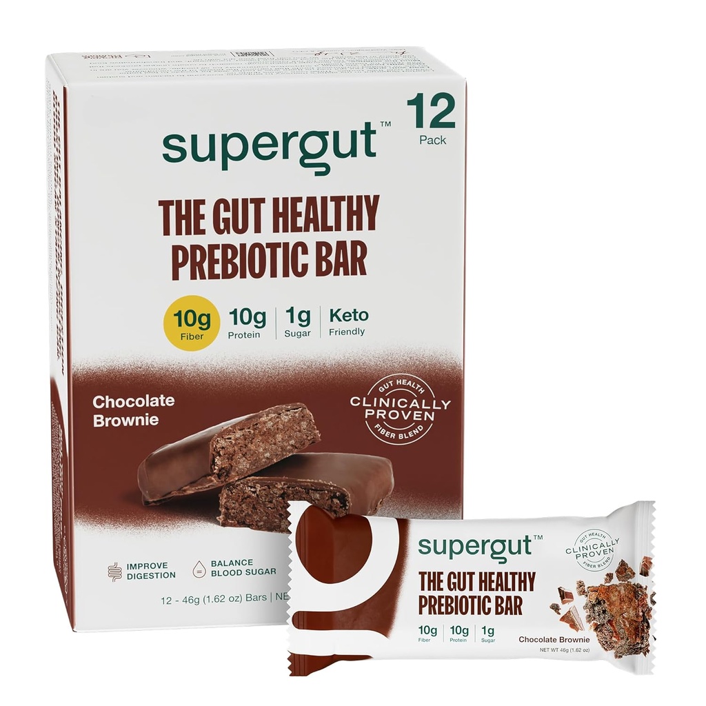 Supergut GLP-1 Boosting Prebiotic Bars, Chocolate Brownie - Gut Healthy Protein Snacks &amp; Breakfast Bares - Keto-Friendly Meal Replacement Energy Bares (12 Cuenta)