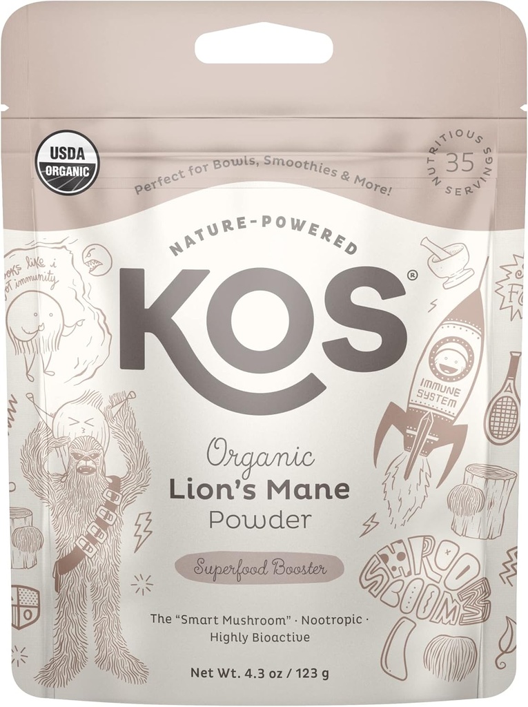 KOS Organic Lion's Mane Powder - Natural Nootropic Superfood to Support Focus - Vegan Functional Mushroom, Plant Based, USDA Certified, Non-GMO, Soy & Gluten-Free - 35 Servivings Bag