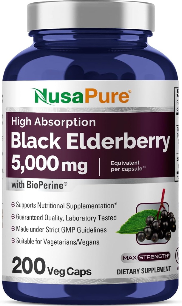 NusaPure Black Elderberry 50:1 Extracto, 100 mg Equivalente a 5.000 mg por cápsulas vegetarianas, 200 Conde (No GMO, Bioperina) Sambucus Suplemento