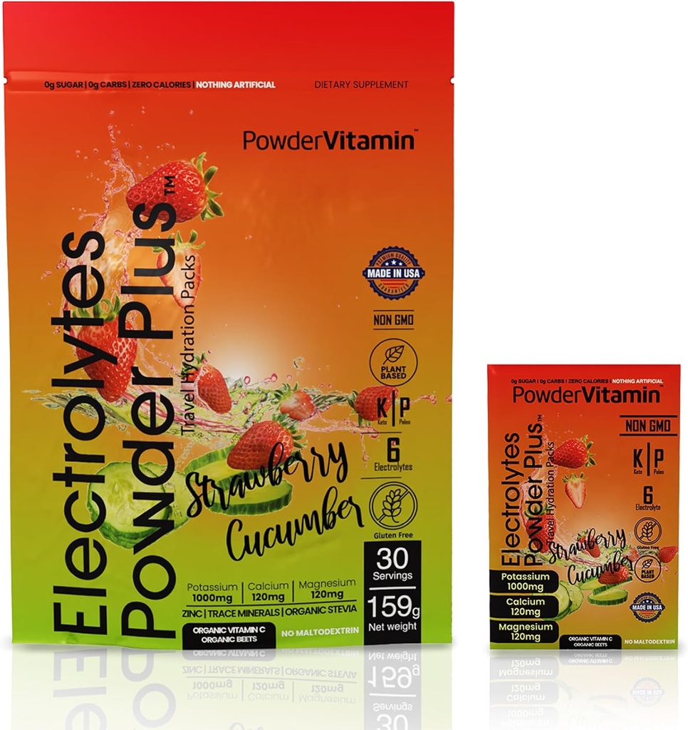PowerVitamin Electrolytes Powder Packets - Fresa Cucumber - Keto Electrolytes for Daily Energy - Hidration Powder with 1000mg Potassium, 120mg Magnesium, Zero Calories - 30 Hydration Packets