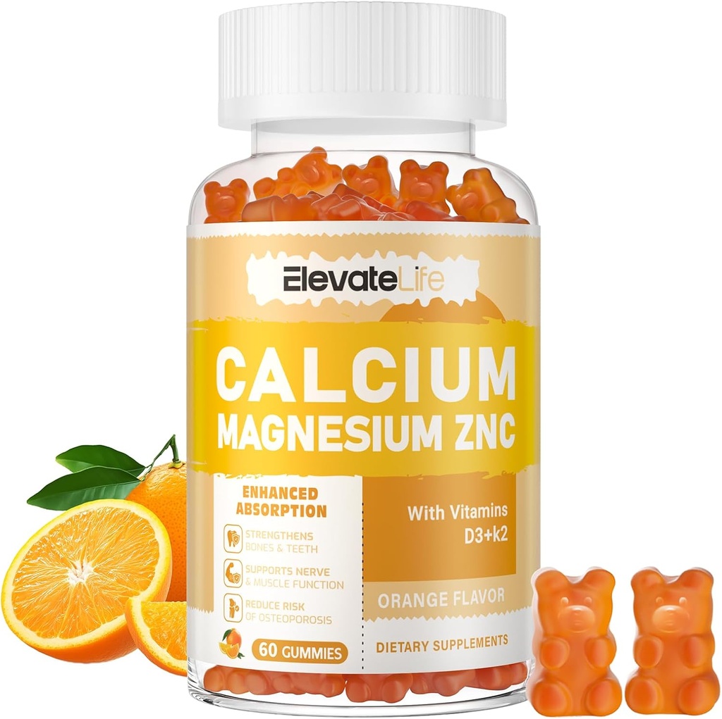 Calcium Magnesium Zinc Gummies with Vitamin D3 & K2 - High Potency Enhanced Absorption -60 Orange Gummies Flavored