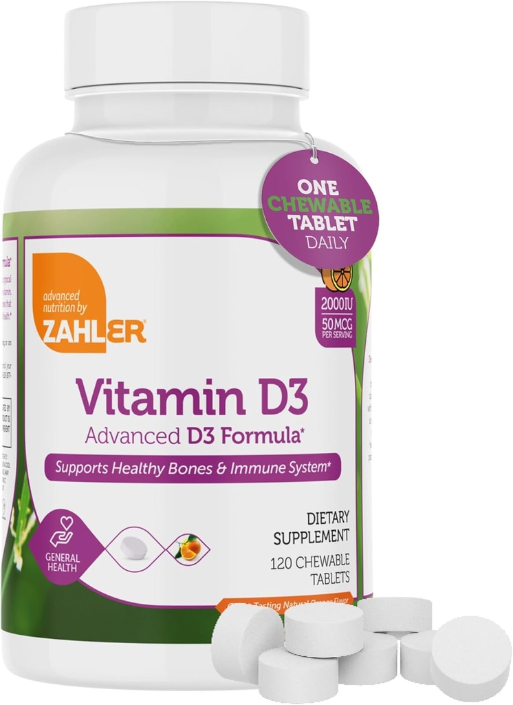 Zahler Vitamina D3 CHEWABLE 2000IU, un suplemento natural orientado a las deficiencias de vitamina D, Kosher certificado, 120 Grandes Tablas de sabor a naranja