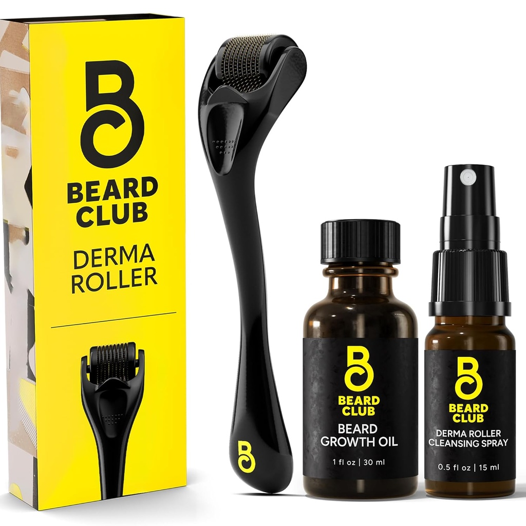 The Beard Club Derma Roller, Growth Oil " Cleansing Spray for Face, Body and Scalp - Microneedling for Men and Women With 540 Titanium Microneedles