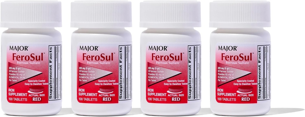 Major FeroSul - Sulfato ferroso 325 mg Tabletas - Suplemento de hierro para mujeres y hombres - Especialmente Coated Easy-to-Swallow Tablets - Rojo - 100 Conde (4 Pack)
