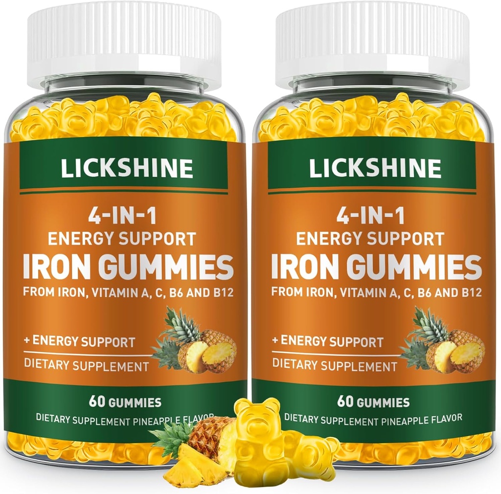 2 Pack Vegan 100MG Iron Suplemento Gummies for Women &amp; Men - with Vitamin C, A, B for Adults &amp; Kids - Energy Support for Iron Deficiency, Anemia - Pineapple Flavor (120 Ct)