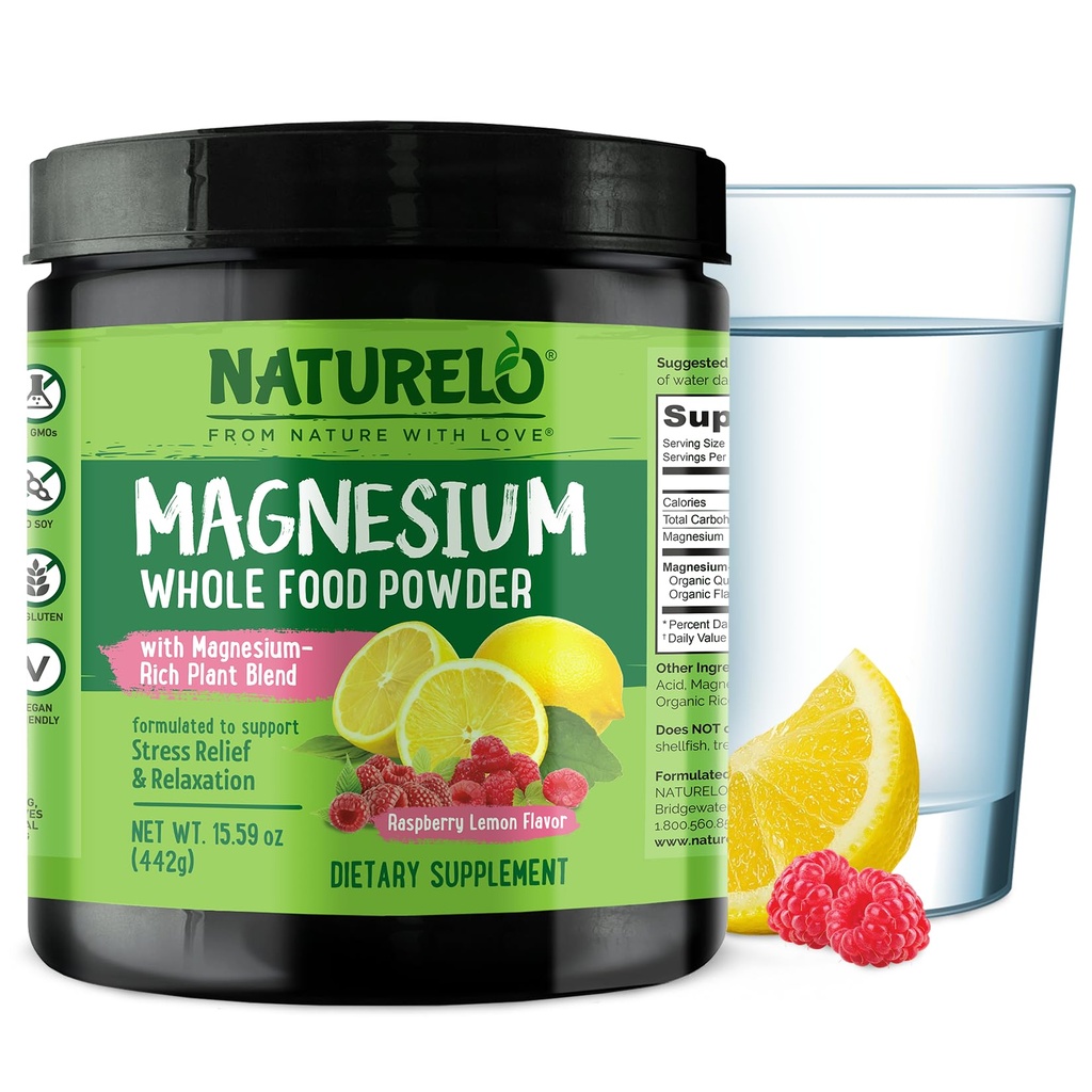 Pólvora de magnesio NATURELO - Pólvora de magnesio con quinoa, coliflor, " Flaxseed for Stress Relief, Raspberry Lemon 85 Servings, 15oz