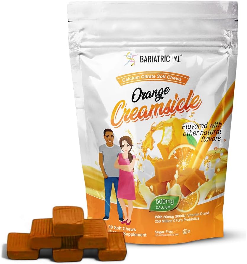 BariatricPal Calcio libre de azúcar Citratos blandos aguanta 500 mg con vitamina D &amp; Probióticos tóxico Naranja Cremsicle tención 90 Conde (1 Mes de Suministro)