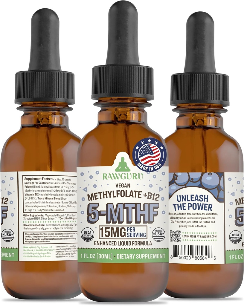 RawGuru L-Methylfolate 15 mg + Vitamina B12 - Organic Vegan Methylated B12 with Trace Minerals - Nano-procesado &amp; Enhanced Liquid Formula - 300 Servimientos Gotas Veganas por 30 ml, Pack de 1