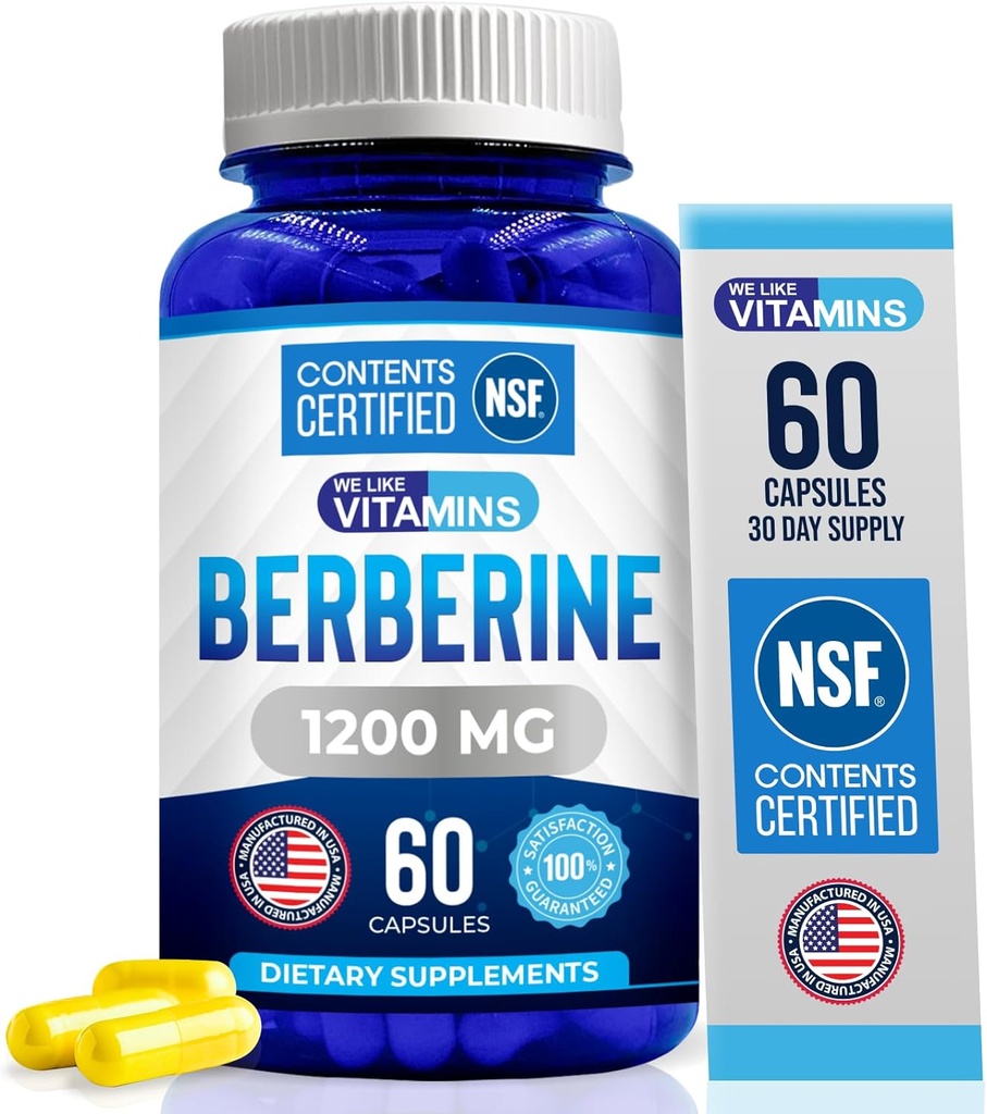 Nos gustan las vitaminas  sometida NSF suplemento de bereberina certificado, 1200mg, Puro Max fuerza bereberina HCL - 60 cápsulas vegetarianas (Gluten Free, Non GMO) - 30 servicios
