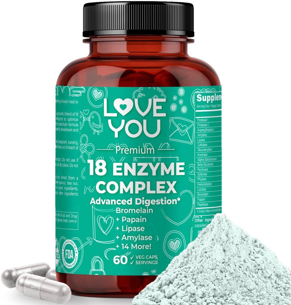 Love You 18 Complejo Enzyme – Enzimas Digestivas Basadas en Plantas para Mujeres &amp; Hombres Silenciosos Nutrientes Absorción " Confort Digestivo TEN 60 cápsulas Vegan Made in USA