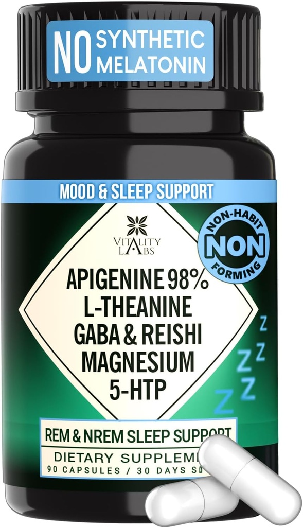Suplemento natural de ayuda al sueño para adultos sin melatonina - No-Habit que forman el sueño herbal - GABA, L-Theanine, Reishi Mushroom, Apigenin, Magnesium Glycinate, 5-HTP - 90 cápsulas veganas
