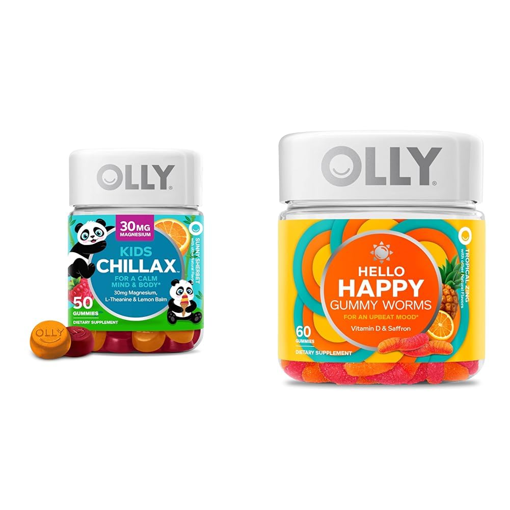 OLLY Kids Chillax, Magnesium Gummies Plus L-Theanine, Lemon Balm &amp; Hello Happy Gummy Worms, Mood Balance Support, Vitamina D, Saffron, Adult Chewable Suplemento, Tropical Zing - 60 Condes