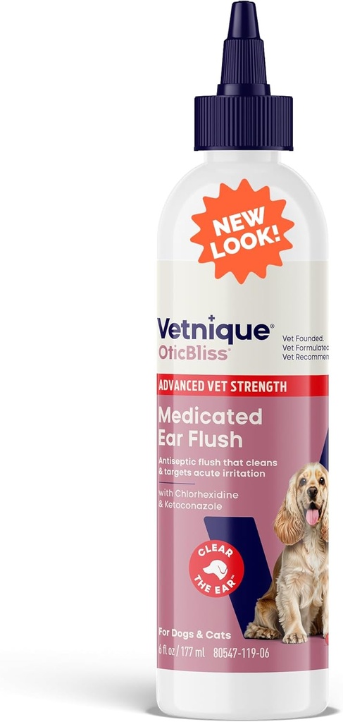 Vetnique Oticbliss Advanced Strength Medicated Dog Ear Infection Treatment, Antiseptic Ear Cleaner for Cat &amp; Dog Ear Cleaning Solution Chlorhexidine & Ketoconazole (6oz Flush)