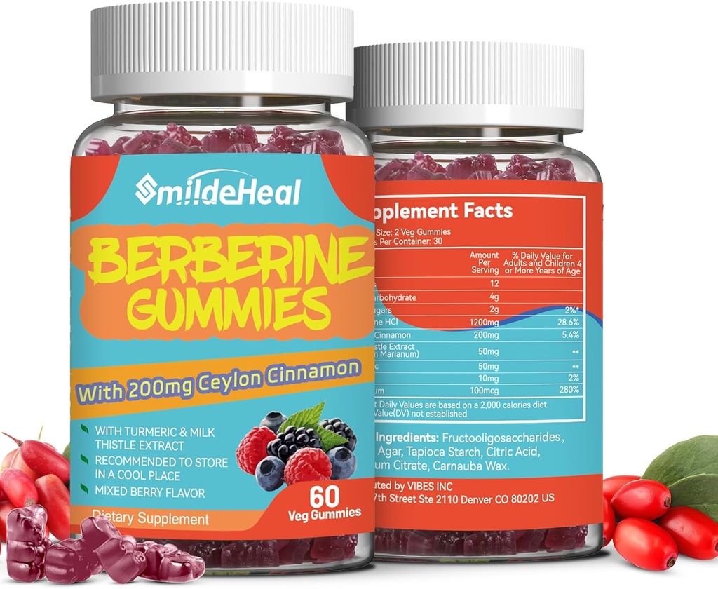 2 Pack Berberine Gummies 1200mg con Ceylon Cinnamon 200mg, Milk Thistle Extract " Turmeric, Vegan Berry Flavor, Non-GMO, Gelatin-Free, Gluten-Free, 120 Conteo