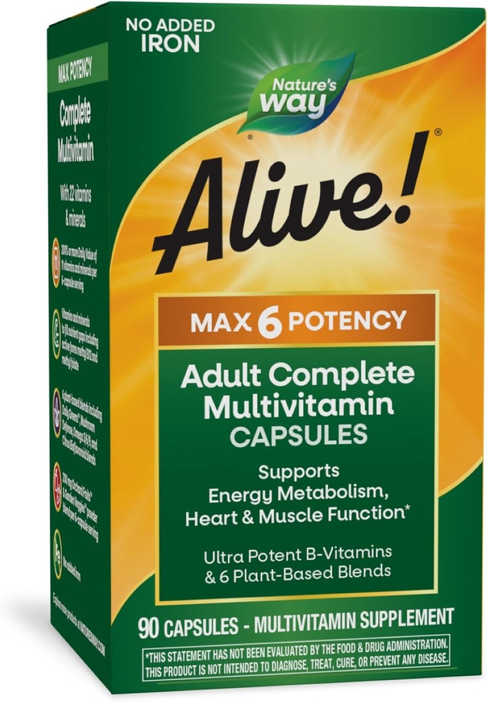 ¡La naturaleza está viva! Max6 Potency Adult Complete Multivitamin, Vitaminas A,C, E & B-Vitamins Incluyendo el metil B12 &amp; Folate, apoya el metabolismo energético*, sin hierro añadido, 90 cápsulas (paquete mayo Vary)