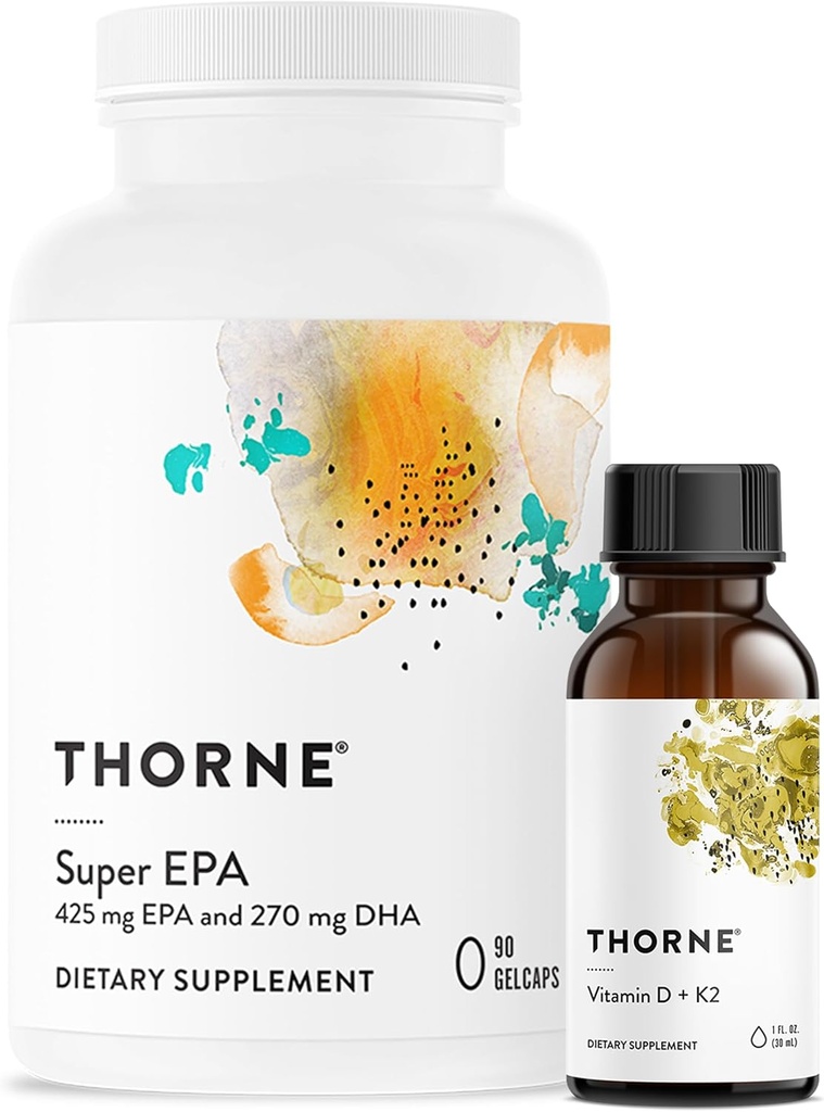 THORNE - Super EPA (90 Gelcaps) & Vitamina D + K2 (1 Oz) Bundle - Apoya la salud ósea, la estructura muscular " salud conjunta - gluten, lácteo " libre de soja