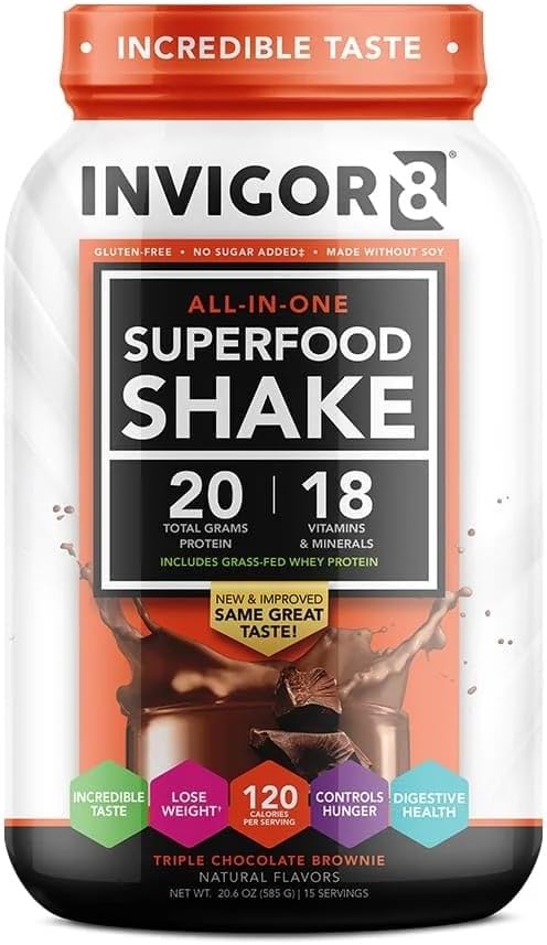 INVIGOR8 Superfood Grass Fed Whey Protein Isolate Shake Chocolate Brownie Gluten-Free and Non GMO Meal Replacement with Probiotics and Omega 3 (645g)