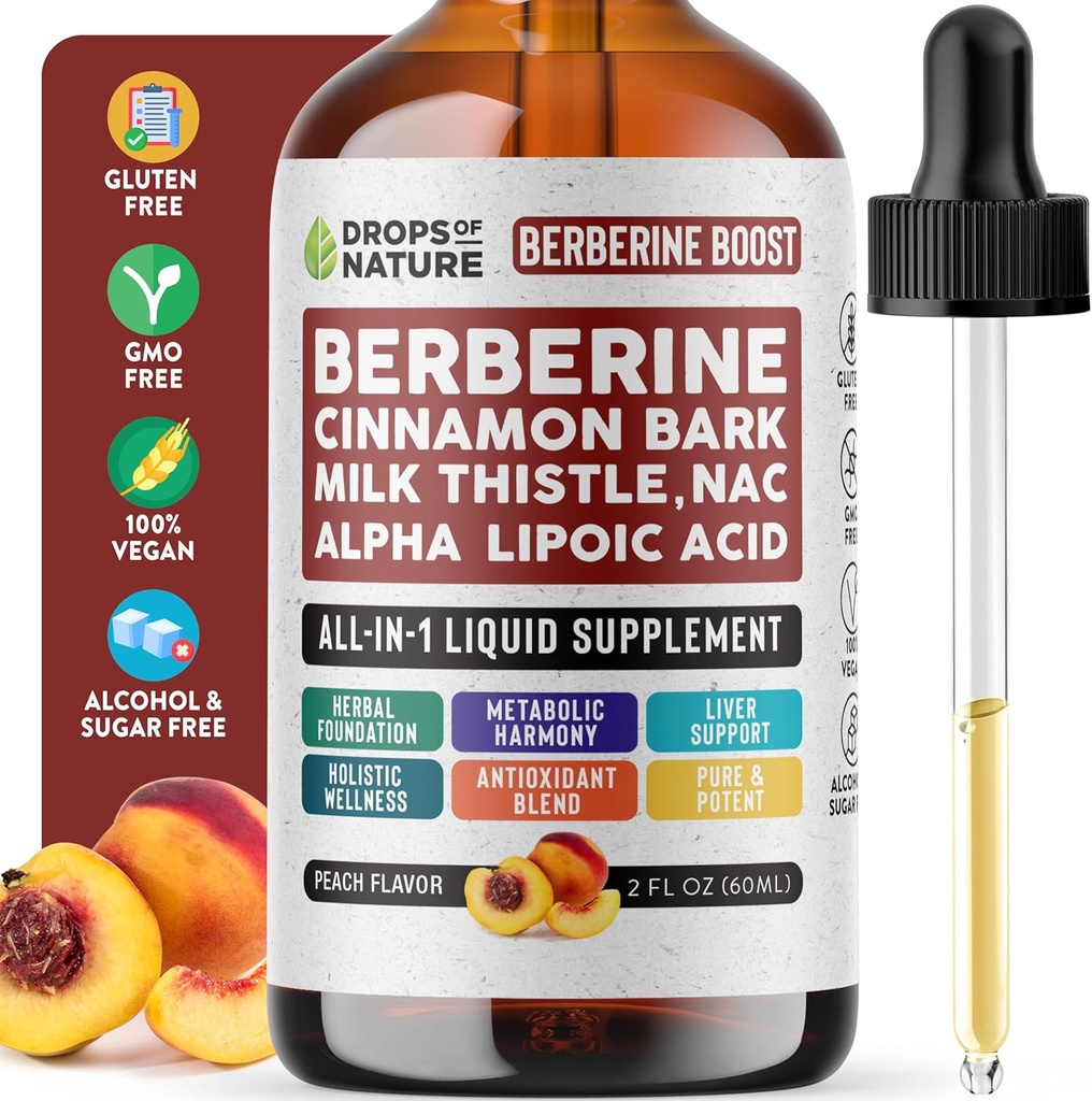 Beberine Suplemento, Milk Thistle, Ceylon Cinnamon, Alpha Lipoic Acid, NAC Suplemento Liquid Drops - Vegan, 4X Absorción que Capsules - Berberine for Liver Support & Holistic Wellness (Peach, 60mL)