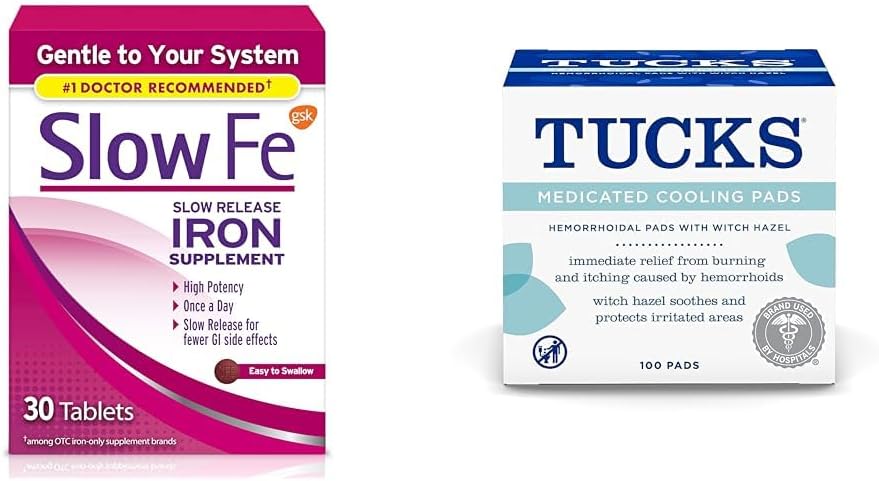 Slow Fe 45mg Suplemento de hierro para tablas de deficiencia de hierro " Tucks Fresas de refrigeración medicadas para hemorroides, 100 Cuentas