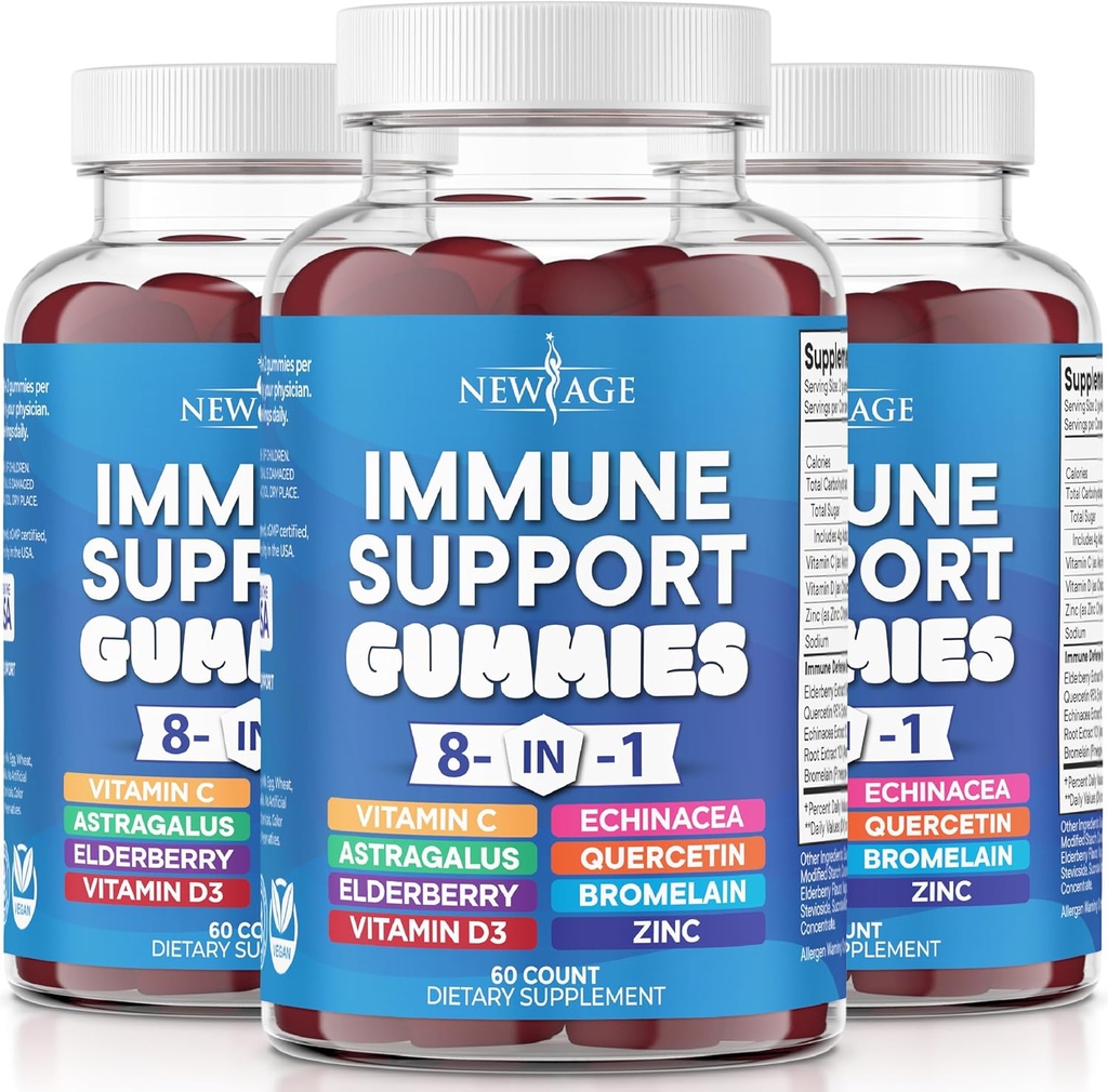 NEW AGE 8 in 1 Immune Support Booster Supplement with Astragalus Root, Vitamina C y Zinc 50mg, Vitamina D 5000 UI, Quercetin & Bromelain (8 in 1 Gummies (Pack of 3))