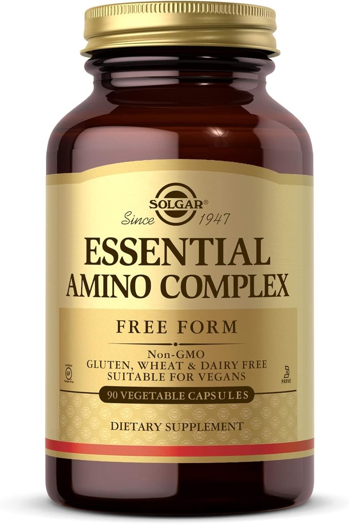 Complejo de amino esencial de Solgar, 90 cápsulas vegetales - Aminoácidos esenciales de forma gratuita - No GMO, Vegan, Gluten Gratis, Dairy Free, Kosher - 90 piezas