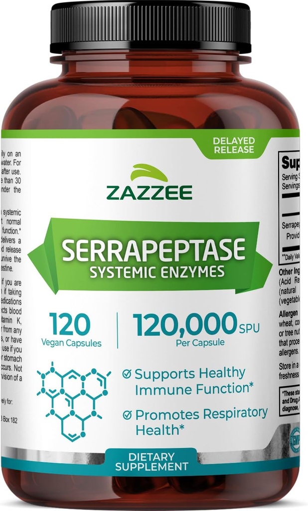 Zazzee Delayed Release Serrapeptase, 120,000 SPU por Cápsula, 120 Cápsulas Vegan, 4 Mes de Suministro, Extra Fuerza, Potente y Enzimas Sistémicos Concentrados, 100% Vegetariano, All-Natural y No GMO
