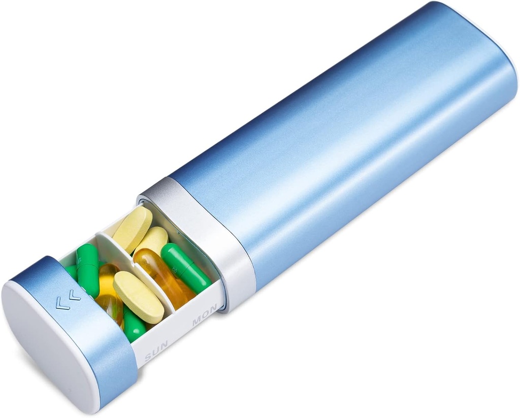 Betife Travel Pill Organizer Semanal 7 Días, Compact Daily Pill Box, Portable Medicine Case, Cute Pill Holder for Vitamins Supplements, Drawer-Shaped Pills Organizer (Blue)