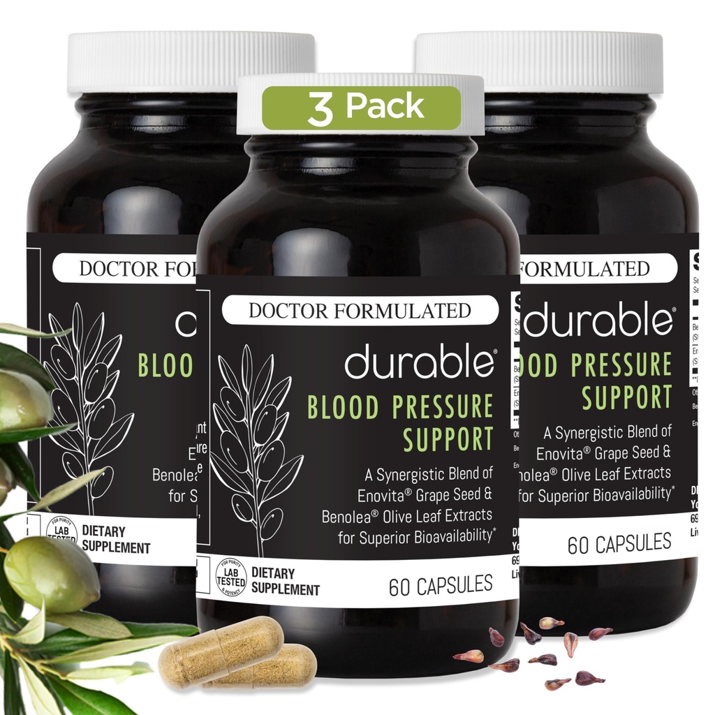 Durable Blood Pressure – Benolea Olive Leaf & Enovita Grape Seed Extract – Healthy Circulation, Nitric Oxide & Artery Support – Doctor Formulated, Vegan, Non-GMO, Made in USA (180 Capsules)