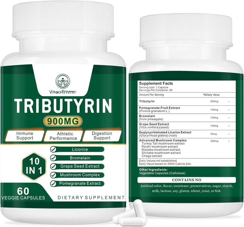 Suplemento Tributyrin - Butyrate Precursor para Gut Barrier Support, Leaky Gut Support, Digestion 60 Count