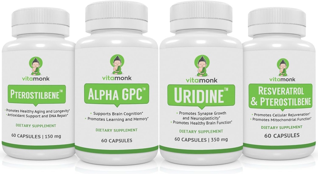 VitaMonk Resveratrol, Pterostilbene, Alpha GPC and Uridine Bundle - Longevity and Brain Boosting Stack