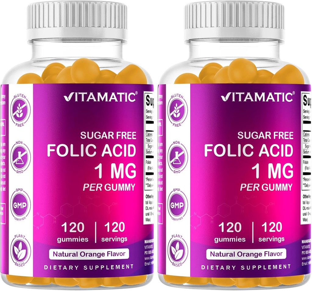 Vitamatic Folic Acid Gummies 1000 mcg (1 mg) - una vitamina prenatal esencial para mamá &amp; bebé - vitamina B9-120 Gummies Vegan (2)