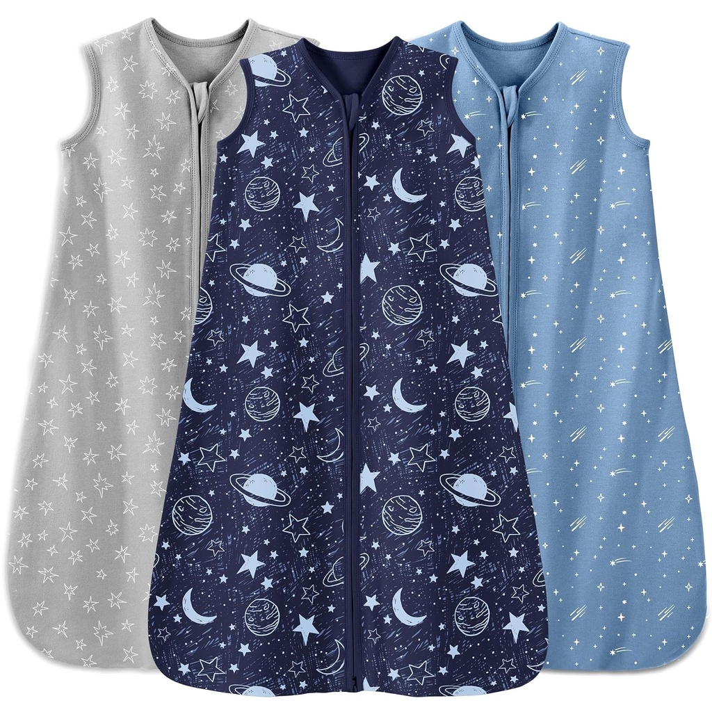 Baby Sleep Sack 12-18 Meses 3 Pack 100% Algodón Ligero 0.5 TOG Bola de dormir con cremallera de 2 manos para bebé Toddler Blue