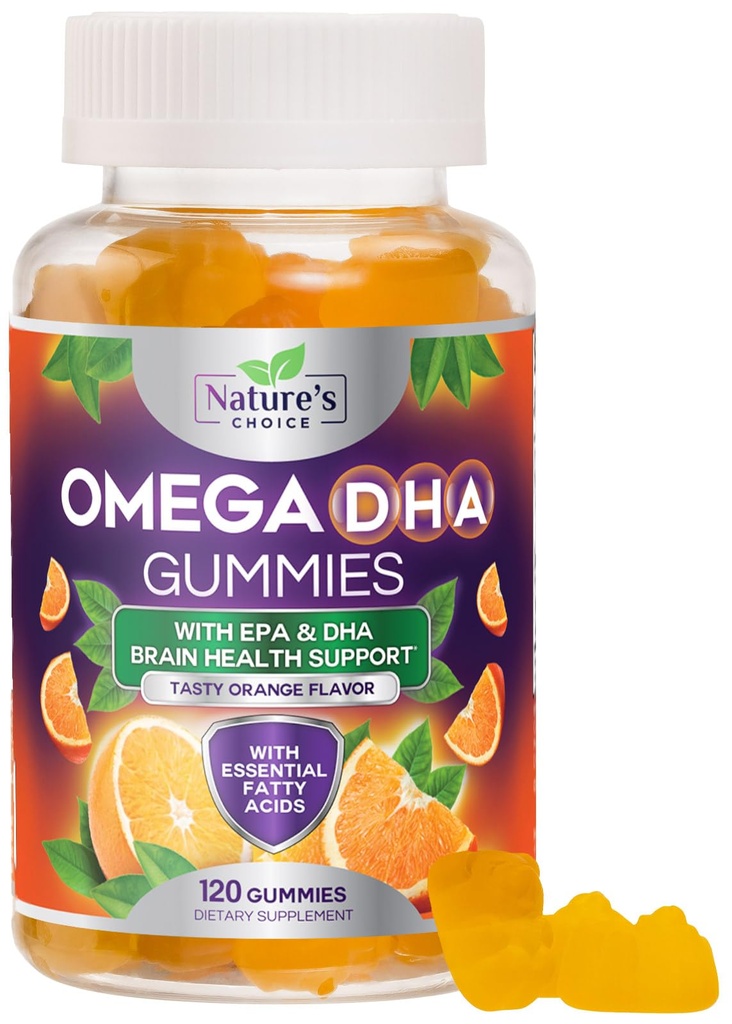 Omega 3 Fish Oil Gummies - Triple Strength Omega3 Gummy - DHA &amp; EPA Fatty Acids for Heart Health, Joint & Brain Support, Nature's High Absorption Omega Fish Oil Suplemento, Orange Flavor- 120 Gummies