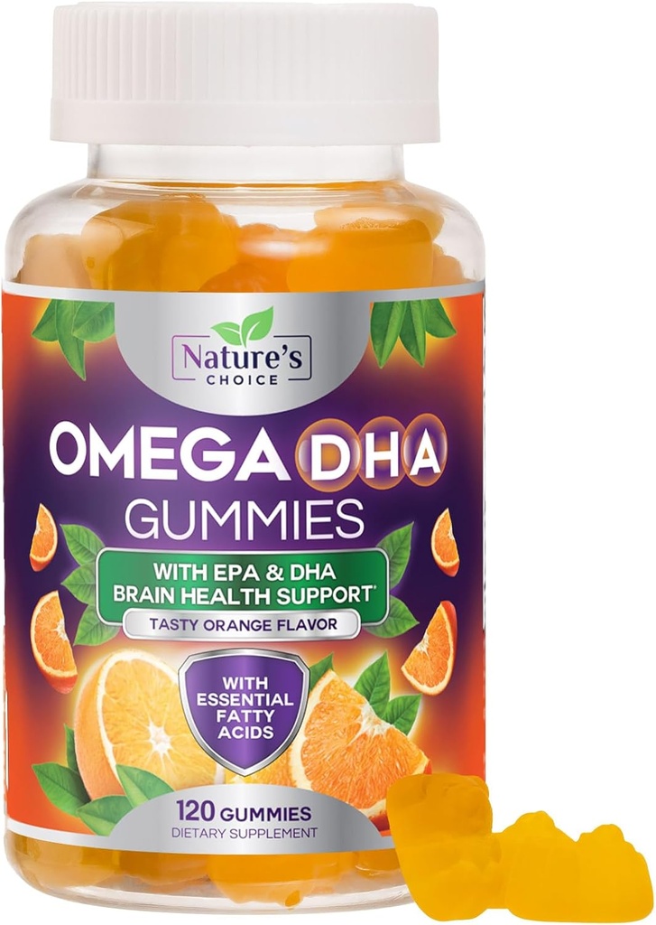 Omega 3 Fish Oil Gummies - Triple Strength Omega3 Gummy - DHA &amp; EPA Fatty Acids for Heart Health, Joint & Brain Support, Nature's High Absorption Omega Fish Oil Suplemento, Orange Flavor- 120 Gummies