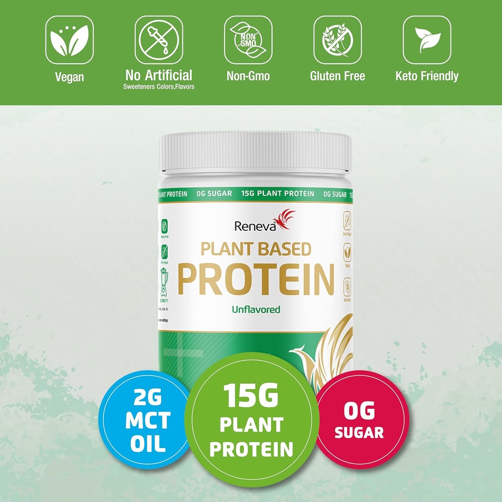 RENEVA Vegan Protein Powder ← 15g Plant Based Protein from Pea and Rice TEN Gluten Free, Dairy Free, Lactose Free, Soy Free, Zero Sugar (Naturalmente endulzado con Stevia)