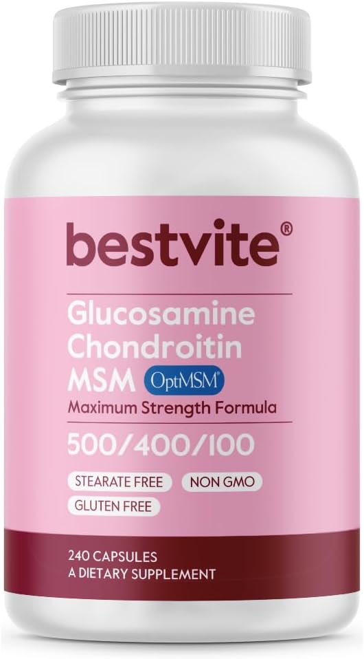 BESTVITE Glucosamine Chondroitin MSM 500/400/100 por cápsula (240 cápsulas) con OptiMSM Patented - Maximum Strength Formula for Joint Support - No Stearates - Gluten Free - Non GMO