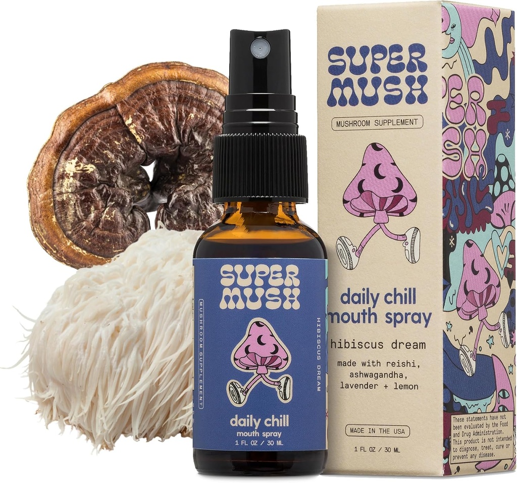 SuperMush Daily Chill Mouth Spray - Mushroom Spray Suplemento Reishi - Hibiscus & Ashwagandha Mixed Mushrooms Extracto Puro Liquid Sprays - Stress Relief, Relaxing &amp; Calming - 30ml Organic Lion's Mane