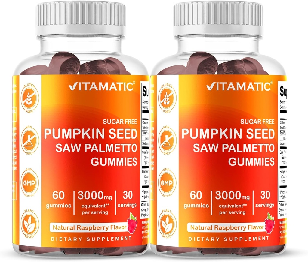 Vitamatic 2 Packs Sugar Free Pumpkin Seed Gummies- 3000 mg Equivalente Per Serving (de 20:1 y 10:1 Extracto 200 mg) - Hecho con Saw Palmetto - Natural Raspberry Flavor - 60 Condes