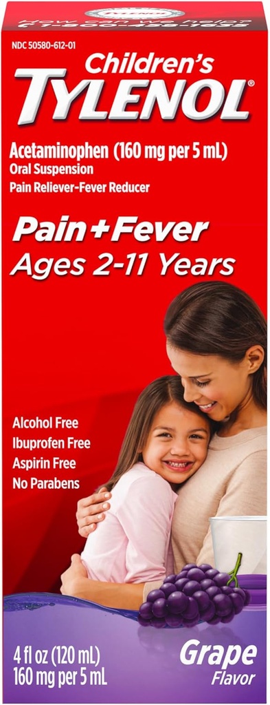 Medicamento de suspensión oral líquida de Tylenol para niños, alivio del dolor de acetaminofén " Reductor de fiebre para el frío + síntomas de gripe " Garganta de sora, Aspirina-, Ibuprofeno- " Alcohol- Grape, 4 fl. oz