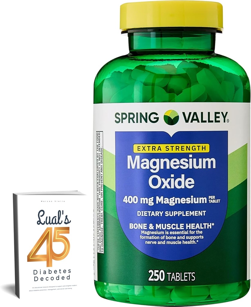 Spring Valley Magnesium 400 mg Bono &amp; Muscle Health Tablets, Suplemento dietético, 250 Cuenta Mejor Suplemento Magnesio para Mujeres, Pastillas de Magnesio para Mujer Bundle con 45 Diabetes de Lual Decodificado