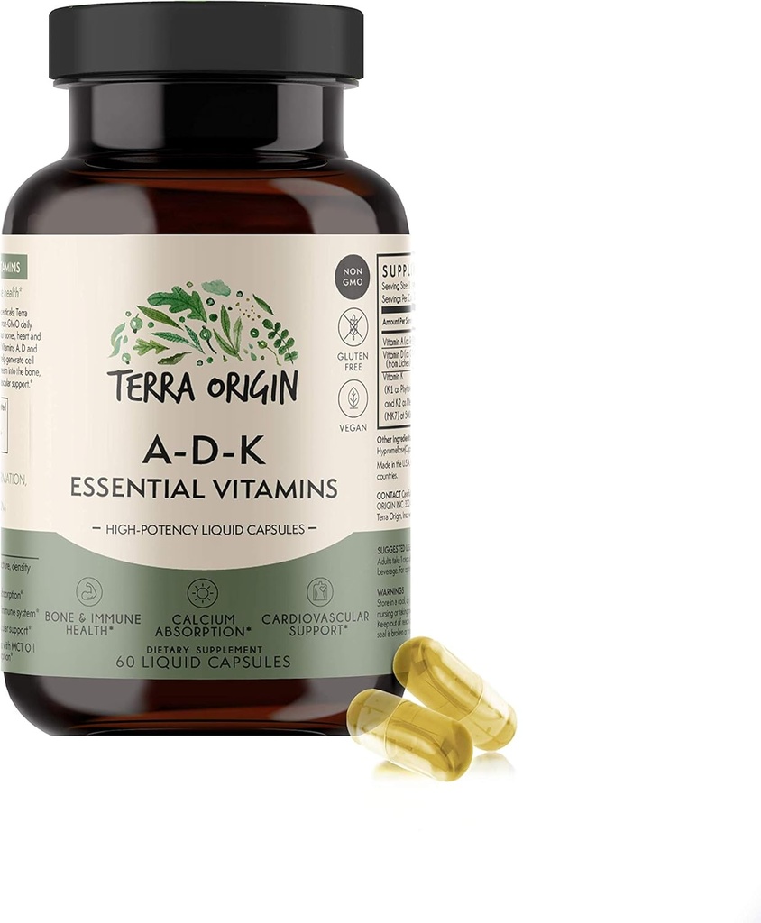 TERRA ORIGIN ADK Esencial Suplemento de vitamina Silencioso 60 cápsulas líquidos sometidas Vitamina A, D 5000 UI, K1 y K2 ANTE No GMO, Gluten Free, Vegan, Made in USA