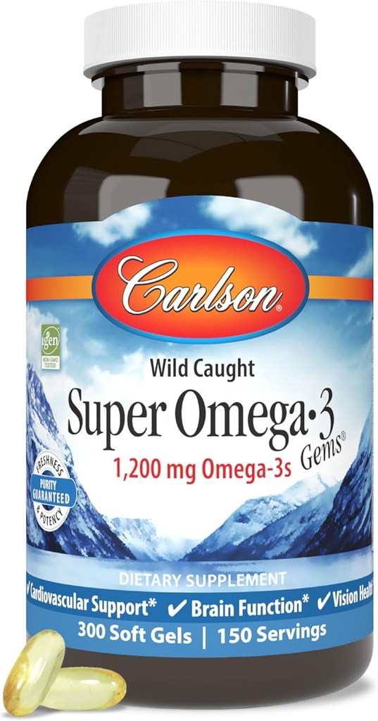 Carlson - Super Omega-3 Gems, 1200 mg Omega-3 ácidos grasos con EPA y DHA, suplemento de aceite de pescado noruego de caza silvestre, cápsulas sostenibles 300 Softgels