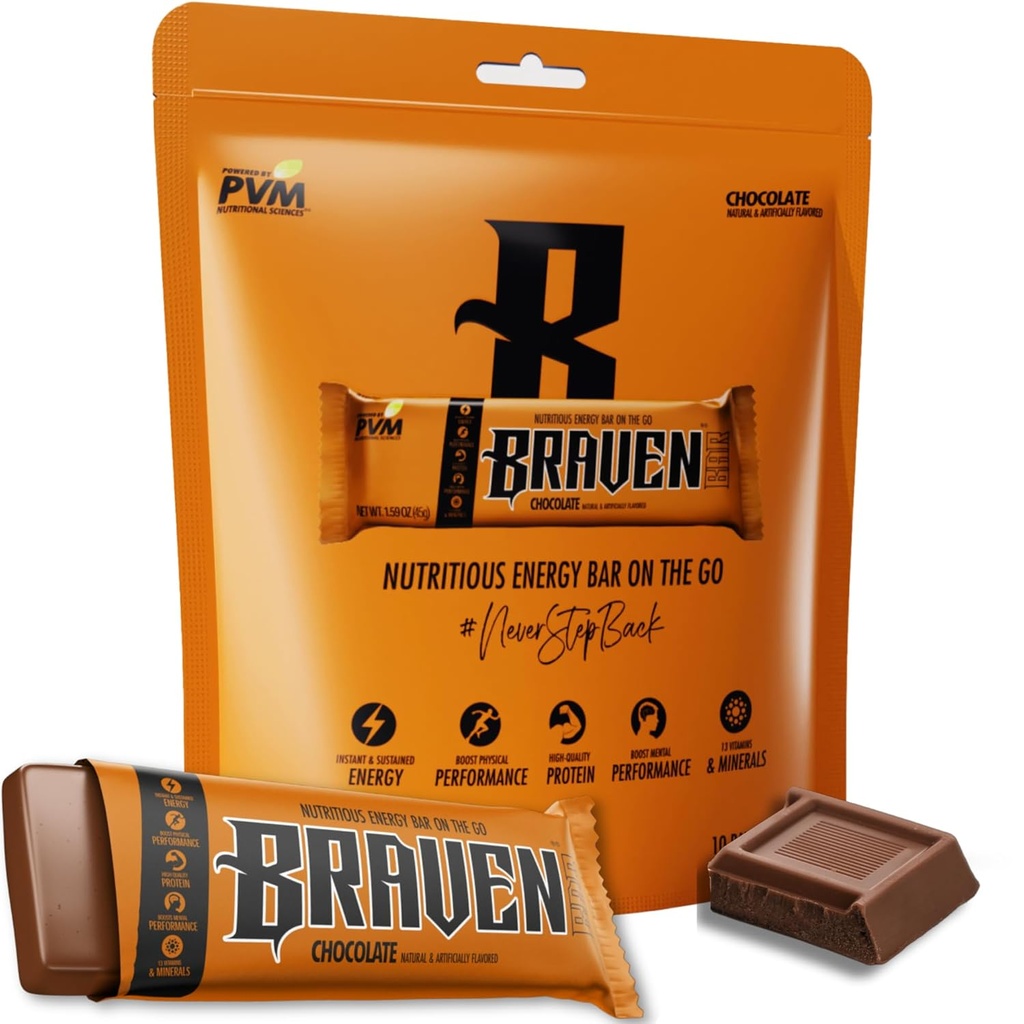 Bar Braven Bar Chocolate Energy Bar (1.59 oz, Pack of 10) – Energy Chews with 5g Protein – On-the-Go Energy Snacks for Running, Hiking, and Sports - Gluten Free Snacks for Sustained Energy Boost