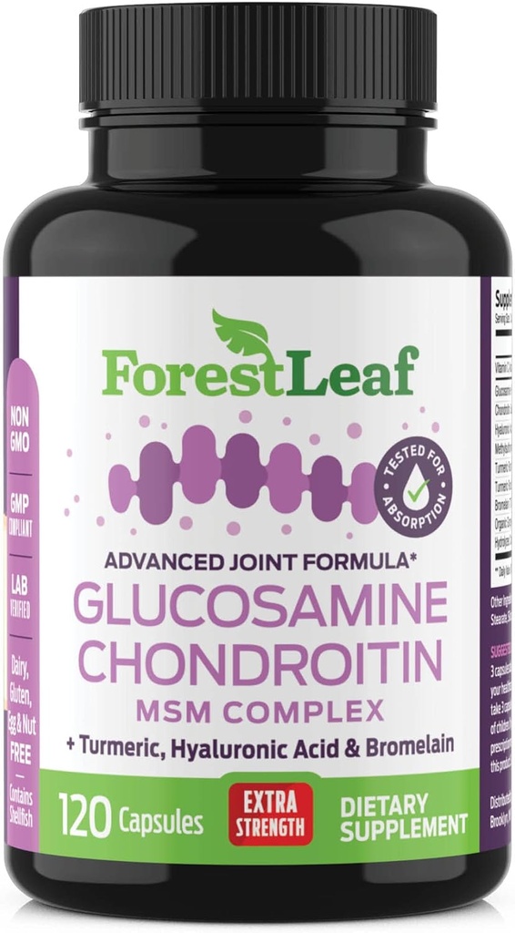 Glucosamine Chondroitin MSM Complex Supplement - Triple Strength 1200mg Joint Support Supplement for Women &amp; Hombres with Turmeric, Hyaluronic Acid and Bromelain for Muscle Flexibility - 120 Caps