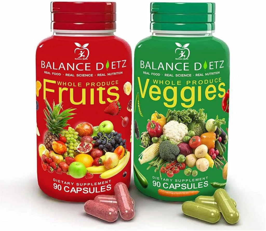 Suplementos de frutas y verduras, 90 cápsulas de frutas y 90 cápsulas de verduras, suplemento alimenticio completo con frutas y verduras para mujeres, hombres y niños sometidos Conjunto de 1