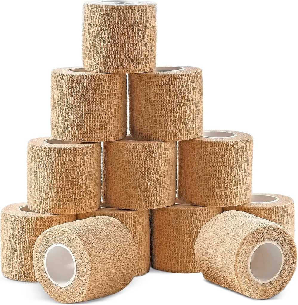 Bandas Cohesive Cohesive Cohesive, 2” x 5 Yards for First Aid, Sprains, Swelling, Sports, Pets, Tan Color – 12 Condes