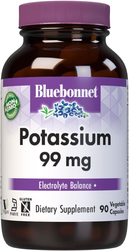 Suplemento de Potasio de Bluebonnet Aspartate 99mg Suplementos Minerales Esenciales para Equilibrio de Electrolitos - No GMO, Vegan, Kosher Certified, Gluten-Free, Soy-Free, Dairy-Free - 90 Veggie Capsules